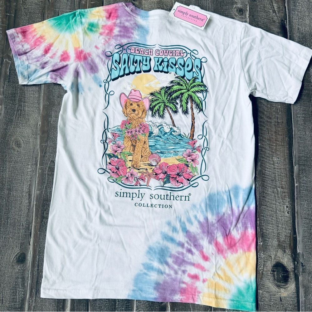 Simply Southern Beach Cowgirl Dog Salty Kisses Tie-Dye Rainbow T-Shirt Top